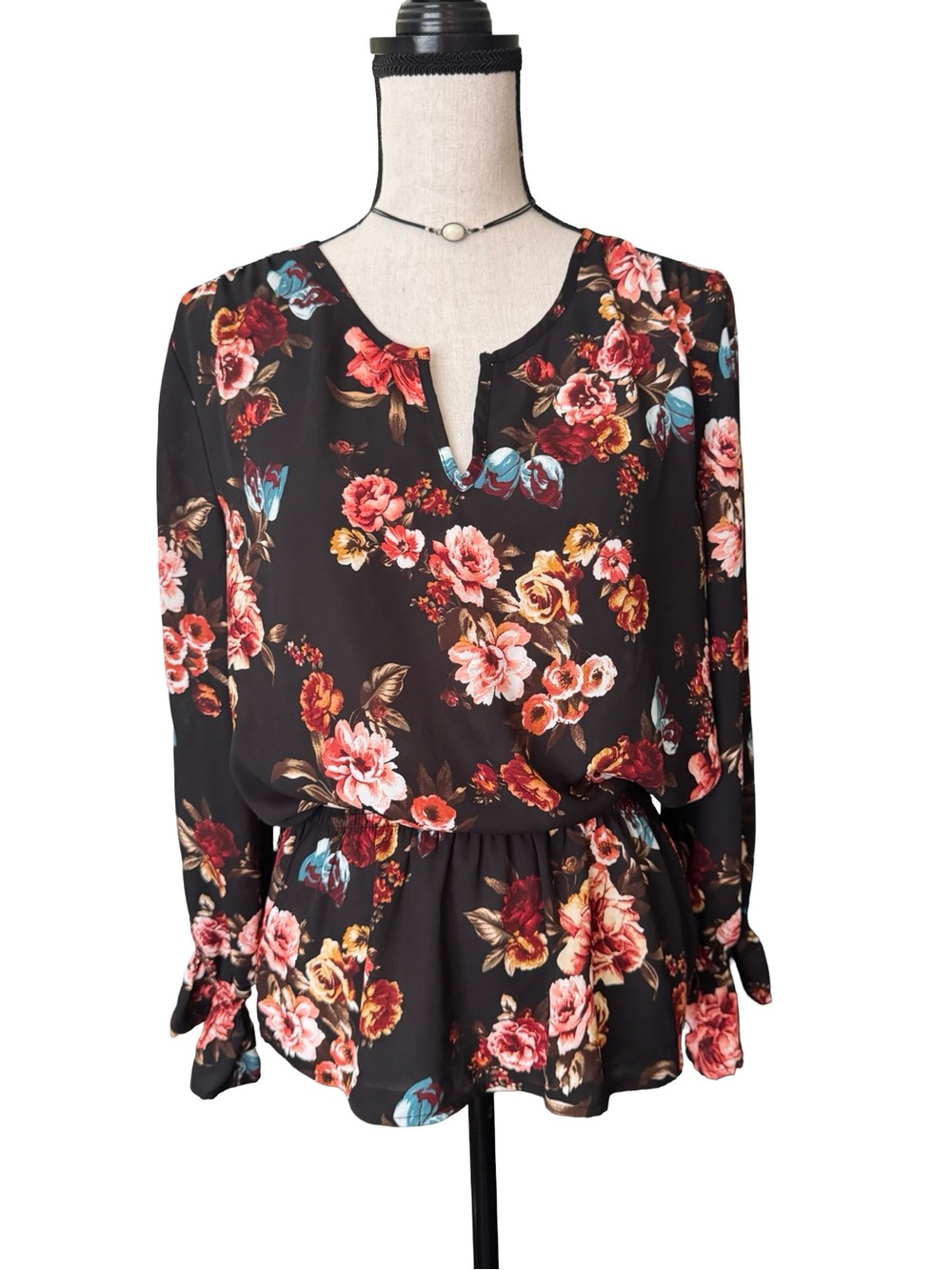 Counterparts Women's Black Floral Blouse Large Peplum Long Sleeve Romantic Top